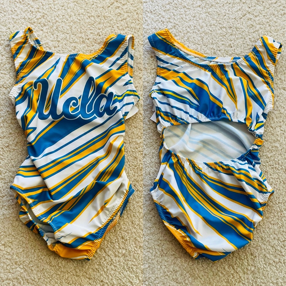 NWT Foxy’s UCLA White Blue Yellow College Gymnastics Leotard Child Youth Sizes